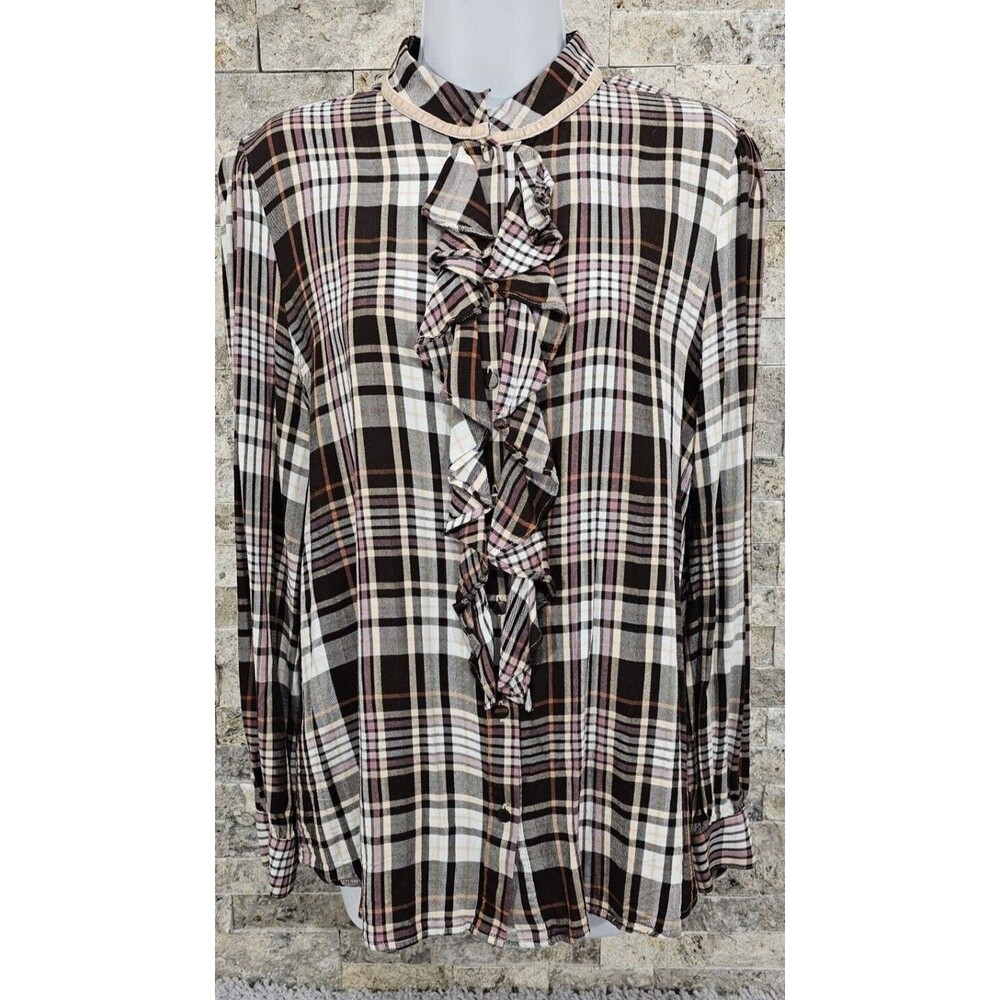 Chico's Brown Plaid Ruffle Blouse 1 M Velvet Trim Shirt Cottagecore Preppy Top